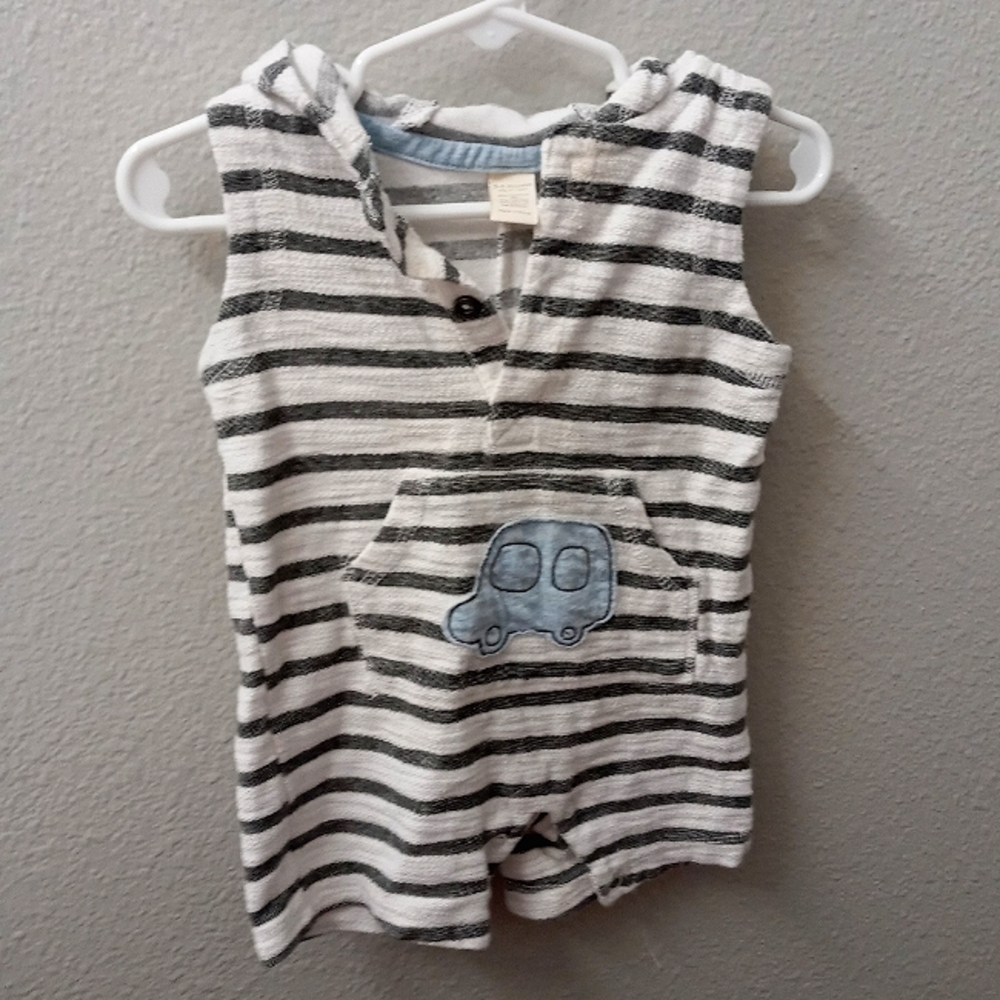 Striped Hooded Baby Romper with Car Patch